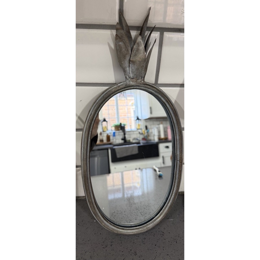 Pineapple Ornate Oval Shaped Wall Mirror Silver Metal Frame Decor